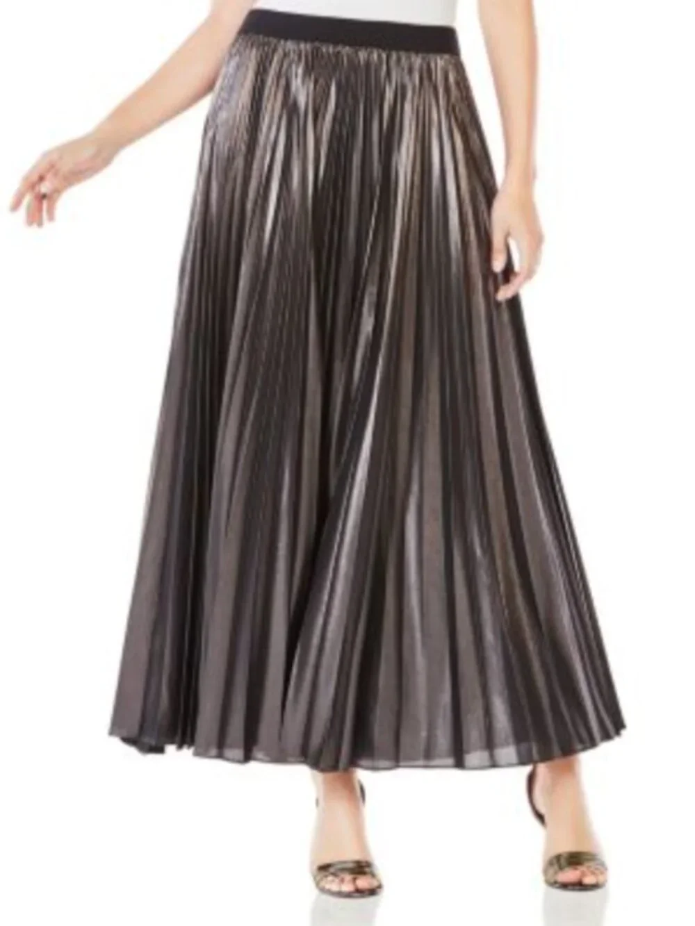 BCBGMAXAZRIA Dallin Metallic Pleated Maxi Skirt Charcoal Gray Women's Size M